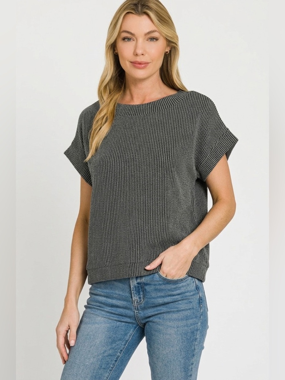 Zenana Raised Rib Cap Sleeve Top - Picture 2 of 4